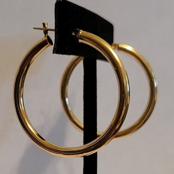 **SOLD&**14k Yellow Gold Round Hoop Earrings 35X2mm ≈2.8 gr - Picture 2 of 8